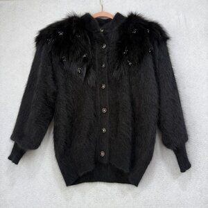 Vintage Christine Phillipe Sweater Womens Medium Angora Faux Fur Beaded 90s